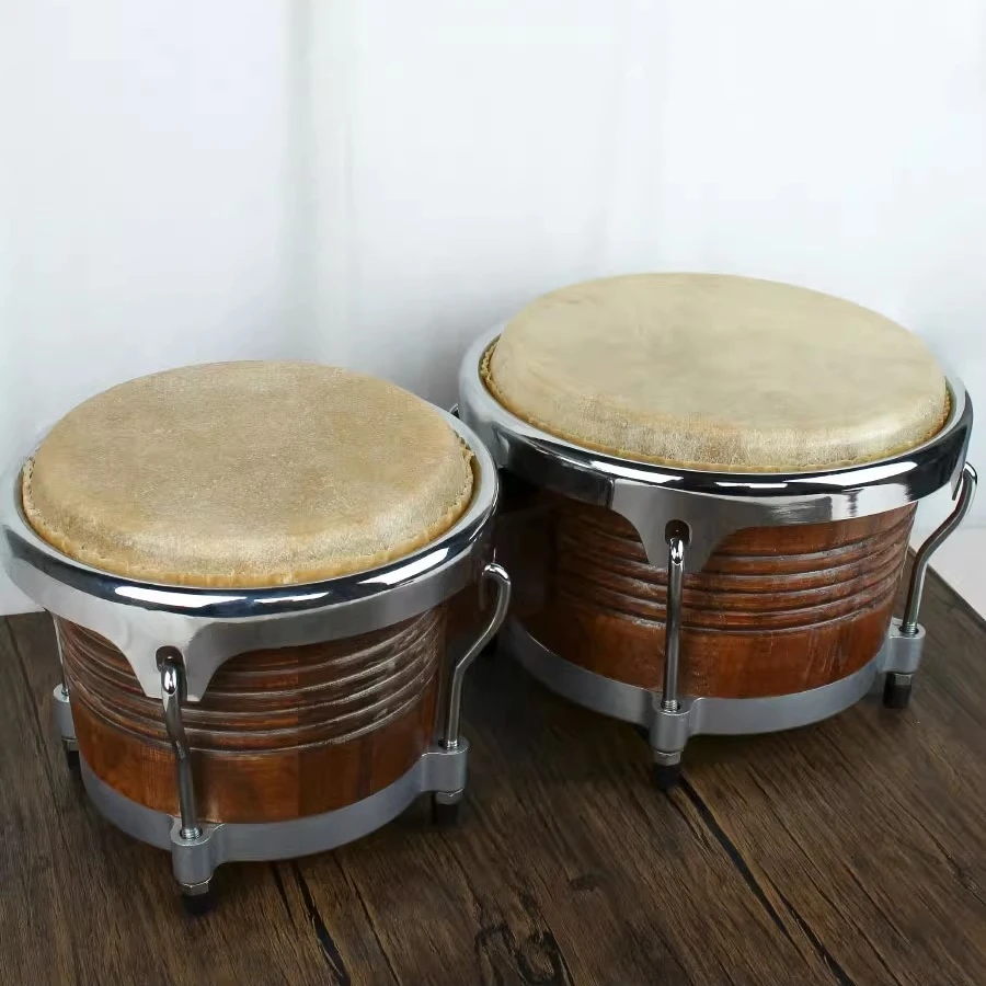 7+9 Inches Solid Wood and Leather Bongo Drum Percussion Instrument Musical Stage Performance Professional Drum