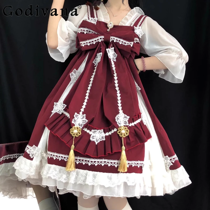 

Sweet Lolita Spring Summer New Chinese Heavy Industry Ruffles Lace Dress Cute Girl White V-neck Half Sleeve Bottoming Shirt Sets