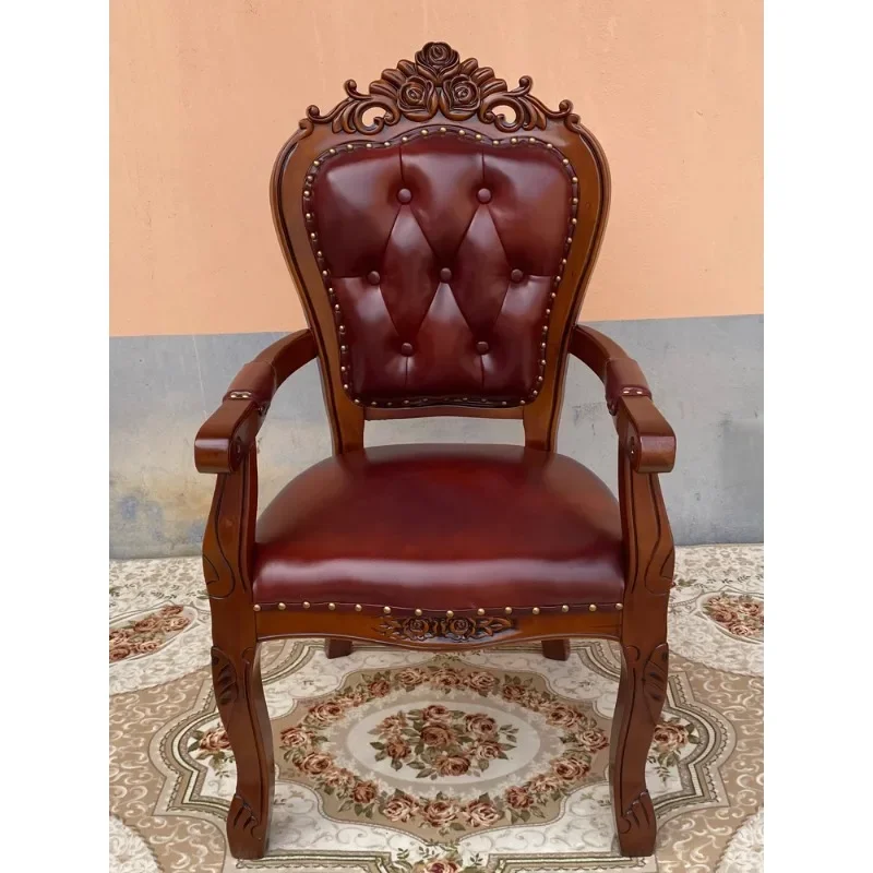 

European dining chair solid wood American old home mahjong armrest leather simple hotel negotiation backrest adult chair