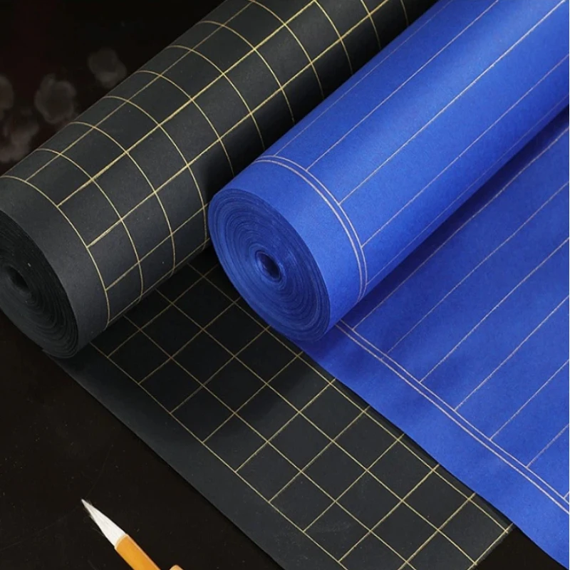 Blue Black Xuan Paper Scroll Vertical Grid Small Regular Running Script Gold Ink Rice Paper Brush Calligraphy Practice Papel