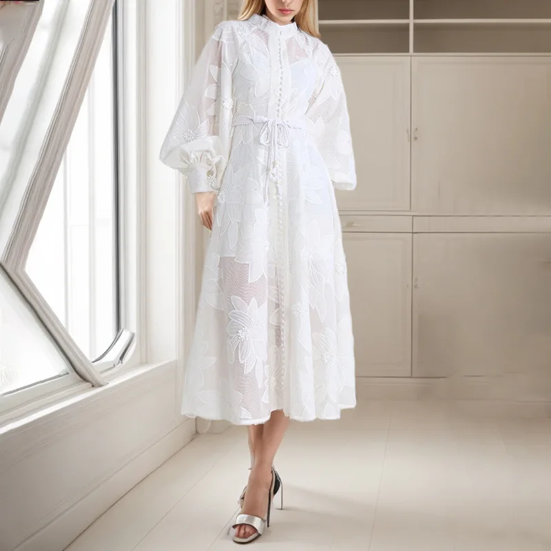 

French Temperament Elegant Commute Style 2024 Summer New FashionSleeve Embroidery See-through Design Length Dress