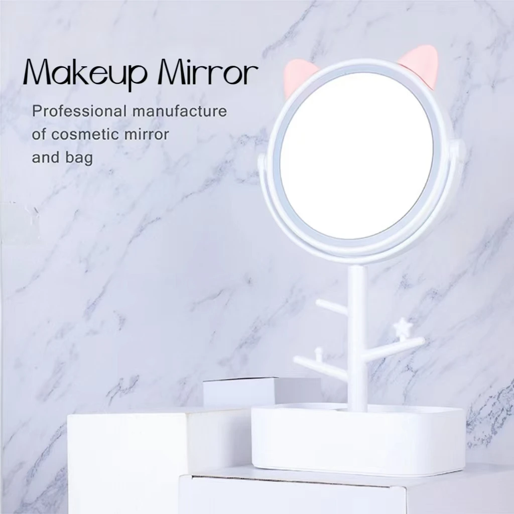 Espejo de maquillaje LED con orejas, lámpara de luz con almacenamiento, espejo cosmético giratorio de escritorio, luz ajustable con atenuación, espejo de tocador USB