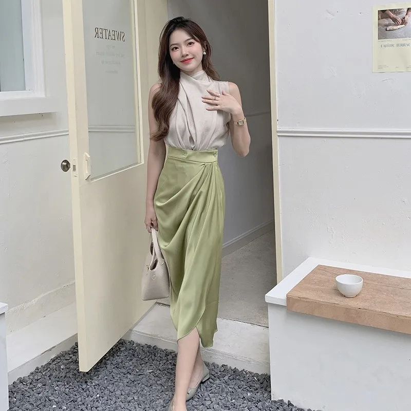 

Ele Плиссированная юбка-миди для похудения с разрезом, скрывающая бедра, деловая повседневная полиэфирная юбка, дизайн со средней талией