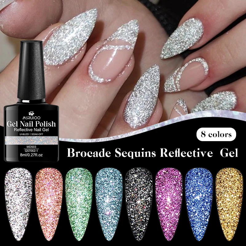 

MSRUIOO 8 мл Гель с цветными блестками - Светоотражающий гель-лак для ногтей, Ультра-блестящий гель-лак, Супер-блестящий гель с эффектом дробленых блесток