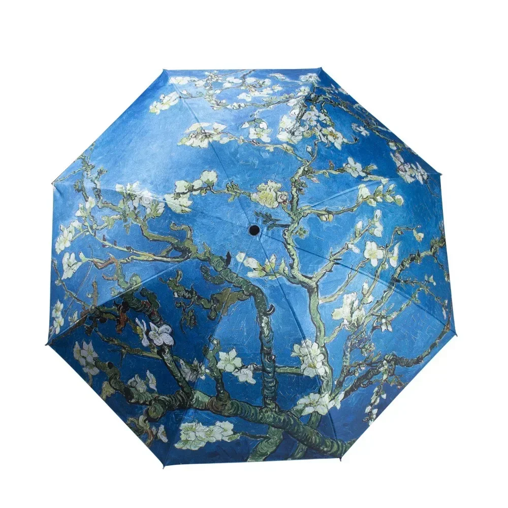 Van Gogh pintura a óleo guarda-chuva automático, pequeno vinil fresco, Windproof, resistente ao vento, sol dobrável