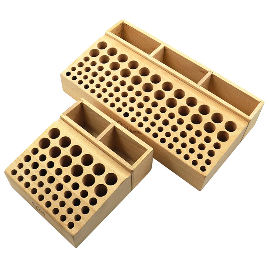 QJH Handwerkzeughalter-Box mit 46/98 Löchern, Organizer, Holzständer für Lederhandwerk, Stanzwerkzeuge, Schnitzwerkzeuge, Bohrer-Aufbewahrung – Detail 3