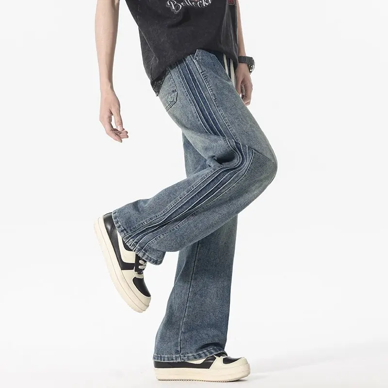 

2025 Autumn New Men's Loose Straight leg Jeans with Side Splicing Design Fashionable Street Baggy Retro Casual PantsY2K Clothing