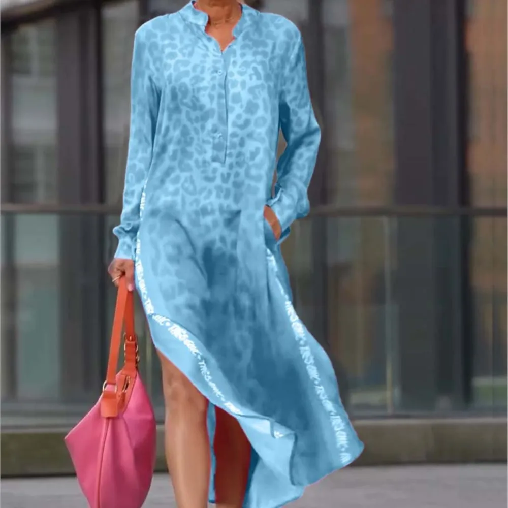 

Casual Leopard Print Long Dresses Spring Summer Fashion Comfortable Street Style Long Sleeve V-neck High Waist Slit Long Dress