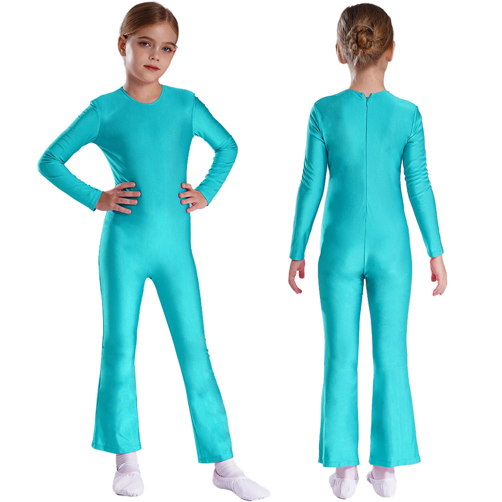 

6-16Y Girls Ballet Dance Gymnastics Leotard Long Sleeve Bell-bottom Jumpsuit Acrobatics Skating Yoga Sports Workout Bodysuit