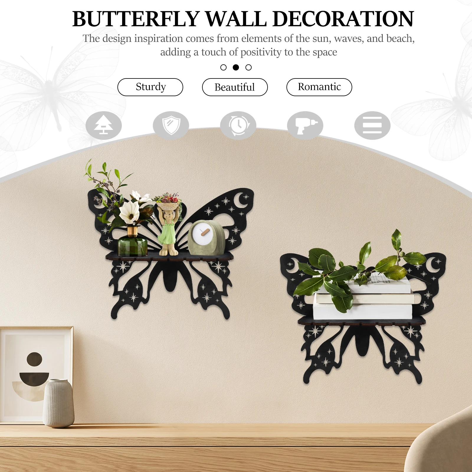 2Pcs Wall Mounted Floating Shelf Hollow Wooden Shape Butterfly Crystal Display Rack for Home Crystal Holder Wall Decoration