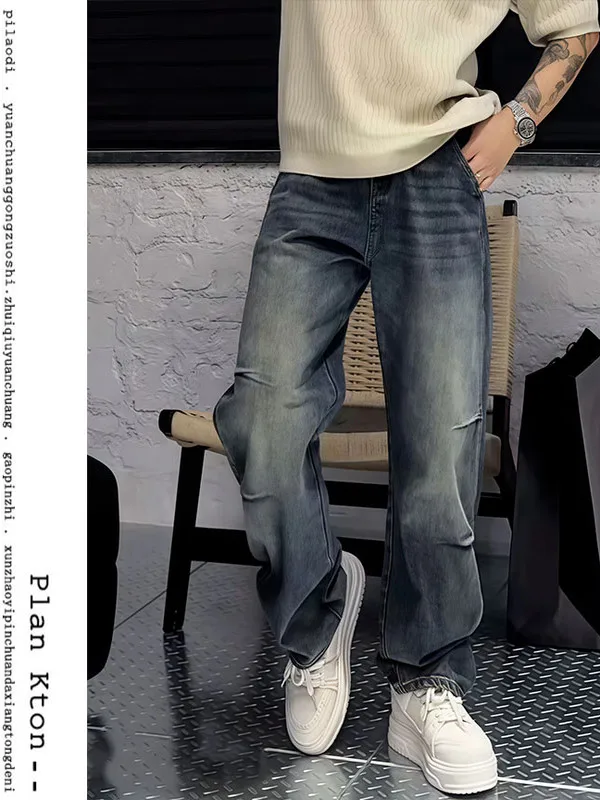 

Retro Waed Pleated Jeans Loose Casual Straight Leg Elastic Waist Long Pants Men's Autumn Faion Comfortable Non-deformable