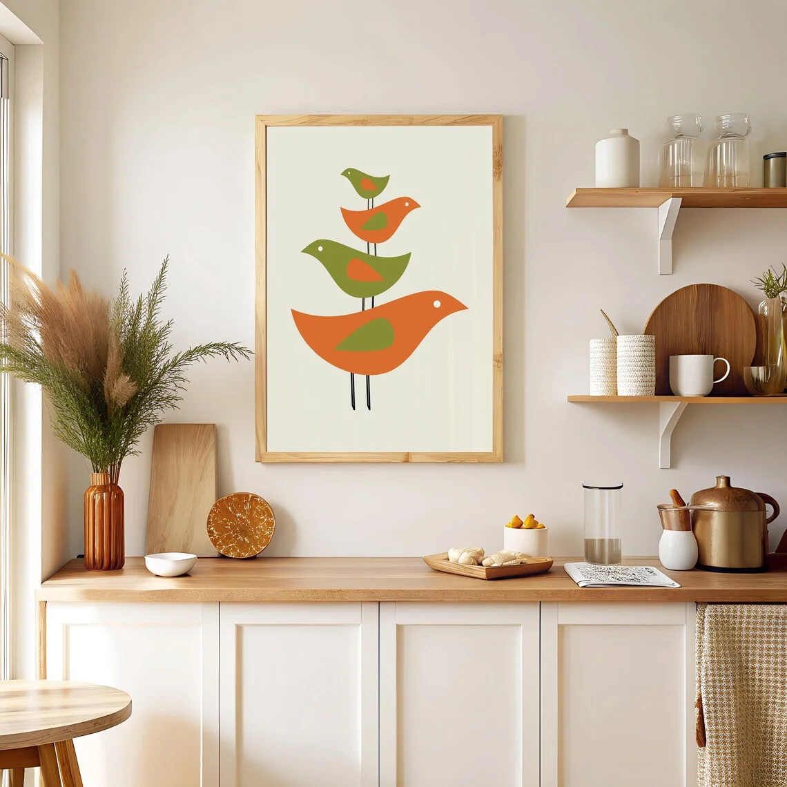 Retro Bird Print – Mid Century Boho Wall Art in Burnt Orange & Green – Vintage Bird Poster, 70s Inspired Home Decor, Nursery
