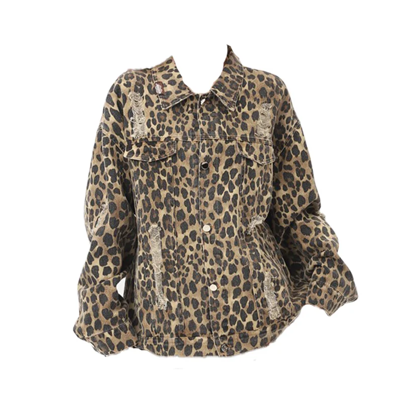 

Women's Leopard Ripped Denim Coat with Collar Long Sleeve Y2K American High Street Harajuku Aesthetic Retro Casual Top Clothing