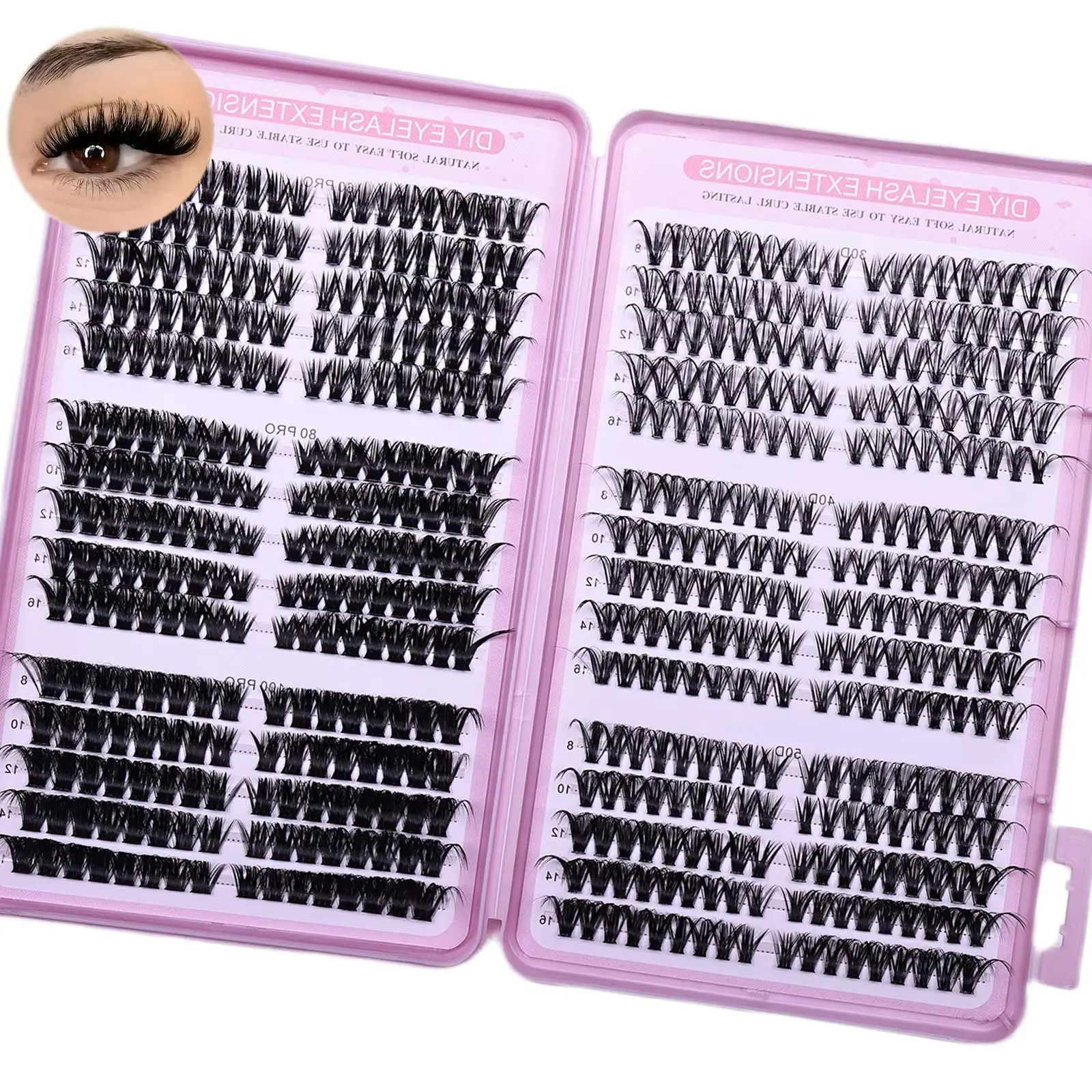 Einzelne Wimpern für Natürlichen Look, Wimpernverlängerung Volumen-Clusters, DIY Gemischte Cluster-Wimpern im Tray