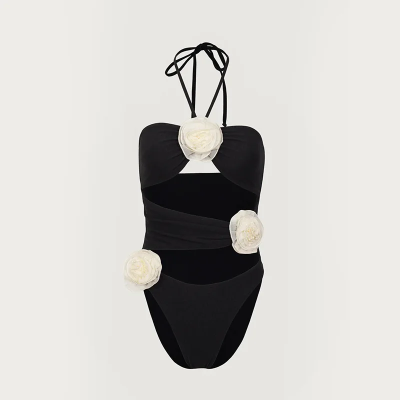 New Sexy Halter Hollow-Out One-Piece Swimsuit with 3D Flower Design, Women's Trendy Bikini Bathing Suit, Summer Beach