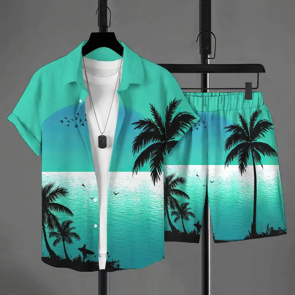 3D Hawaiian Plants Shirt Set Men's Short-sleeved Shirt Summer Short-sleeved Shirt Beach Short Men's Suit Street Casual Y2k Short