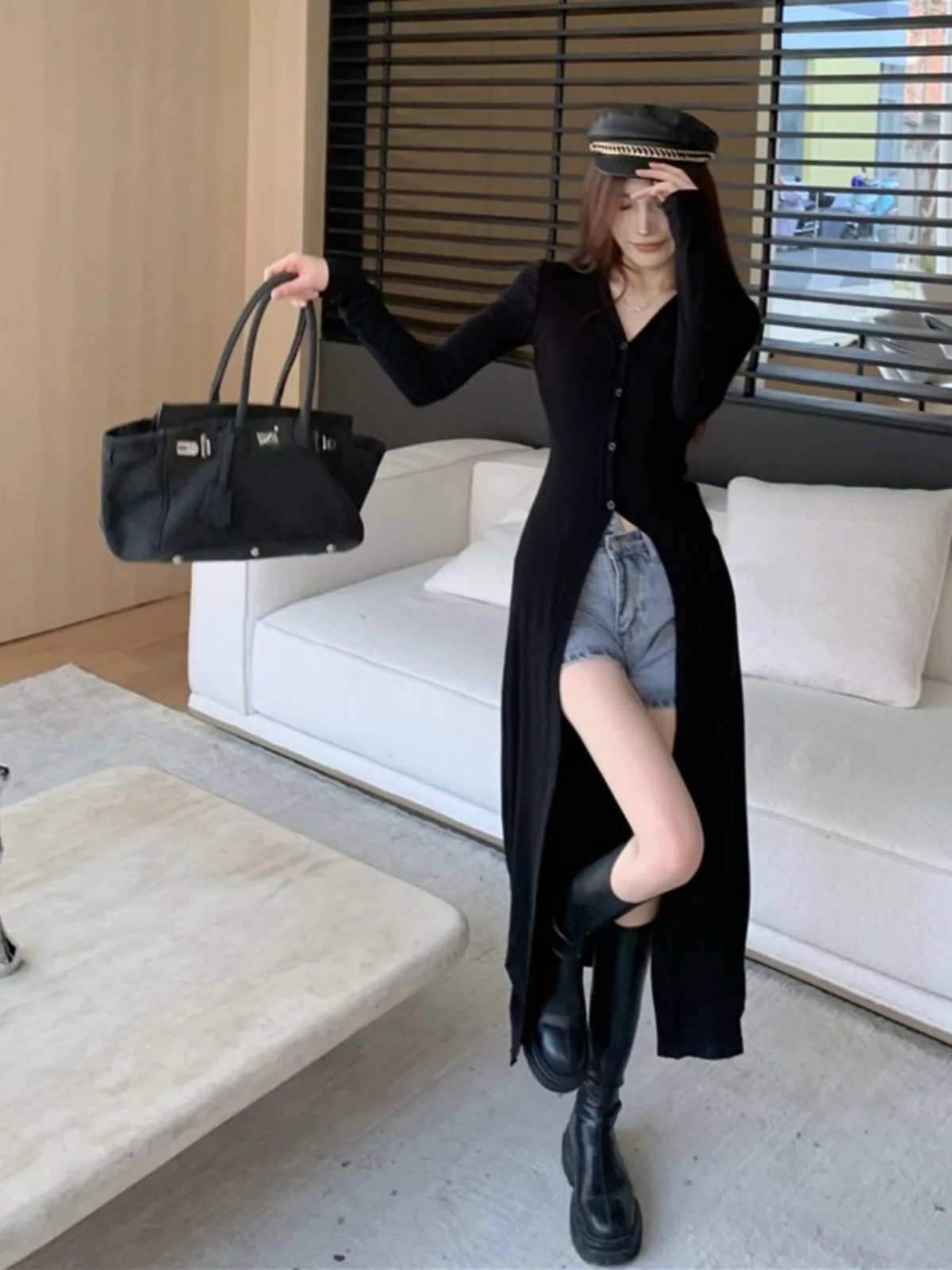 

Hebe Sle Korean Version 2024 Ele Bla Slim Fit V-Ne Open Cardigan Midi Dr Jaet Women Long Sve Cotton Blend