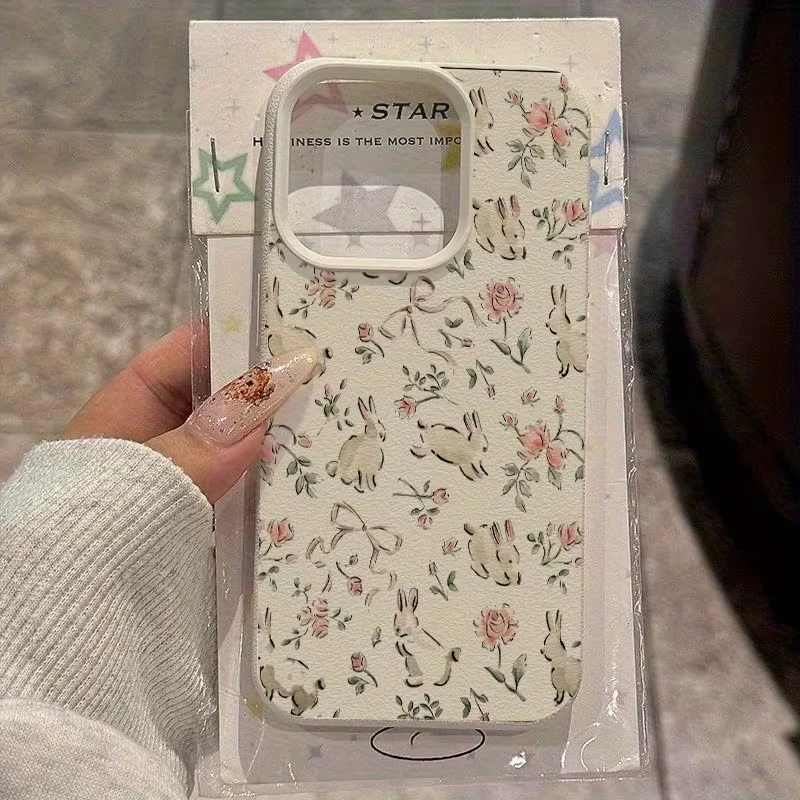 

Phone Case For iPhone 17 Pro Max 16 Plus 15 Pro 14 13 12 11 XR 17Air Cute Butterfly Bunny Pink Floral Lychee Textur Soft Cover