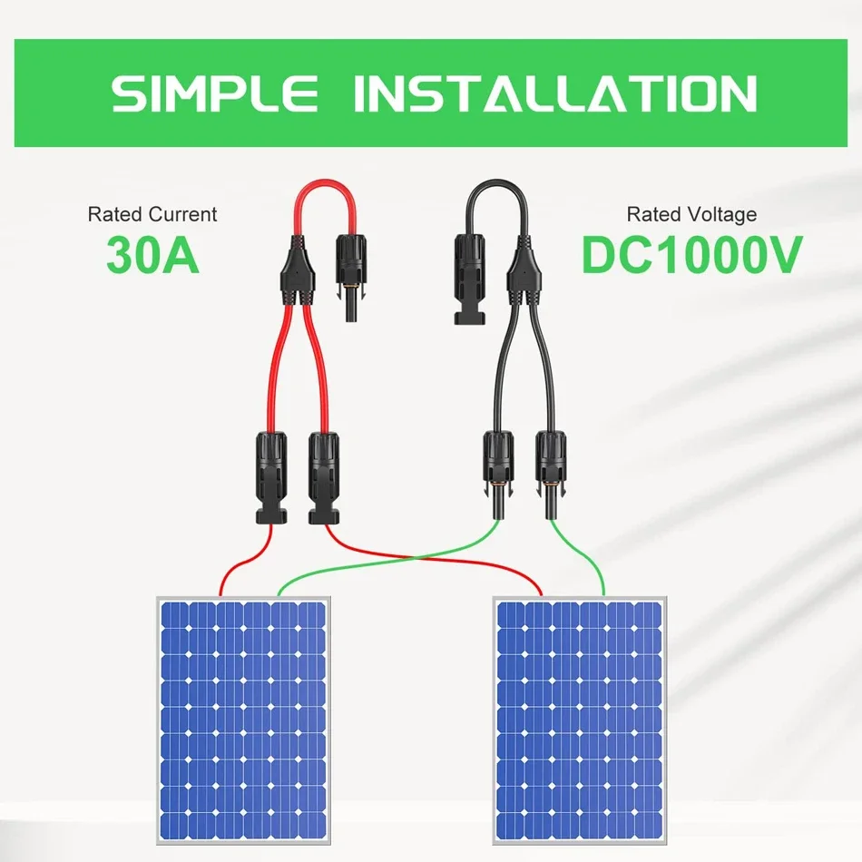 Power Solar Connectors 30A Y-Branch Cable, Solar Cable Parallel Adaptor in Pair for Solar Panel 1*M/FF+1*F/MM black red Power