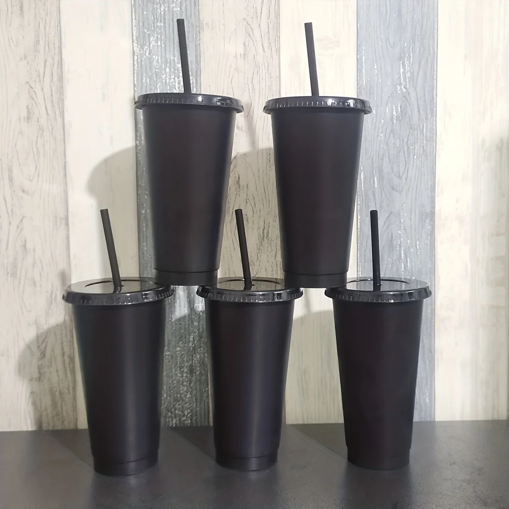 5pcs 24oz Reusable Plastic Cups With Straw Lids Tumblers Cup Iced Coffee Large Water Bottle Travel Summer Party Adults Cold Mug