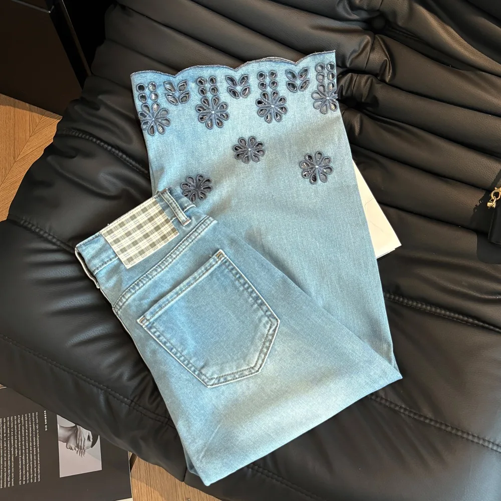 

Синие джинсы с вышивкой цветов, тяжелой отделкой и прямым кроем, женские, весна-лето, тонкие, повседневные, с высокой талией