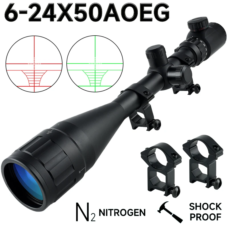 

6-24x50AOEG Rifle Scopes Tactical Red/Green Optics Sniping Sight Hunting Shooting Airsoft Adjustable Zoom Professional Scope