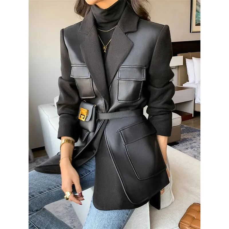 Leather Suit Jacket Women\'s 2024 Spring Autumn New Motorcycle Blazer Outwear Fashion Locomotive Pocket Leather Jacket Female