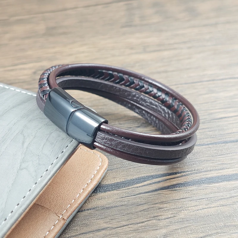 Vintage Herren Lederarmband Braun Geflochten Mehrschichtig Edelstahl-Verschluss Lässiges Armband Schmuck Geschenk für Freund – Detail 8