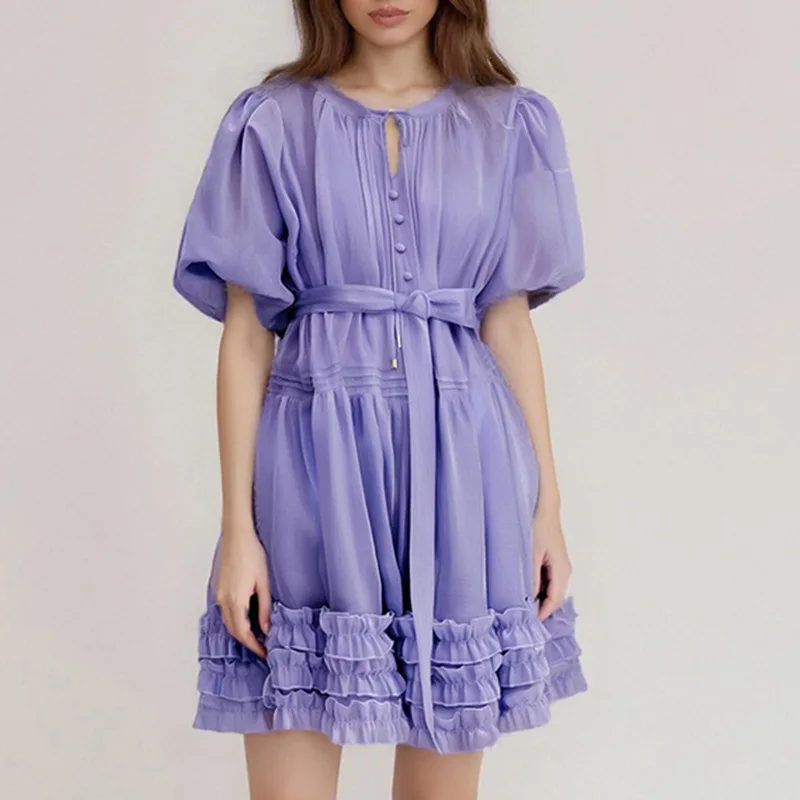 

French Style Elegant Tie Waist Puff Sleeve Short Dress2025New Style Patchwork Ruffle Design Short Dress Women