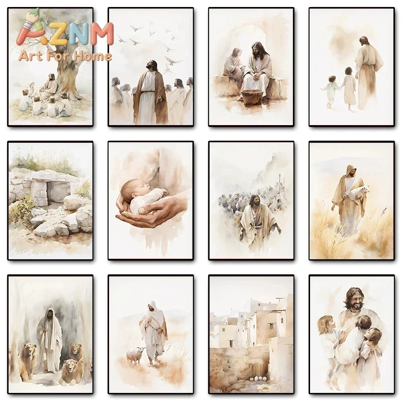2026 Bible Scenes Poster Jesus on The Path Teaching Child Walking on Water Canvas Paintings Wall Art HD Picture Home  Frameless