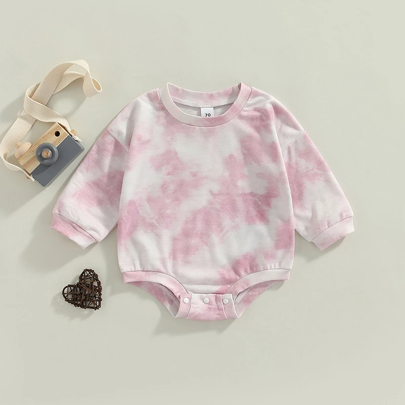 Autumn Spring Baby Girls Boys Sweatshirt Romper Long Sleeve Tie-Dye Printing Button Jumpsuit Fashion Infant Newborn Clothes