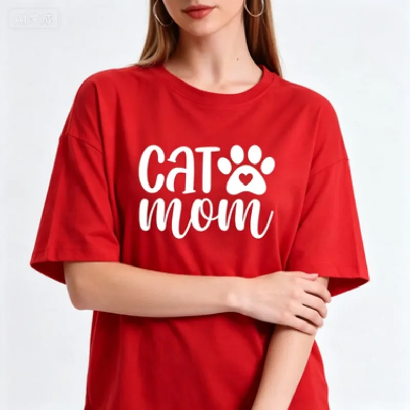 Pet Mom Women Cotton T Shirt Cat Mom Cute Cat Paw Heart Graphic Kitten Owner Simple Letter Print Casual Summer Tops
