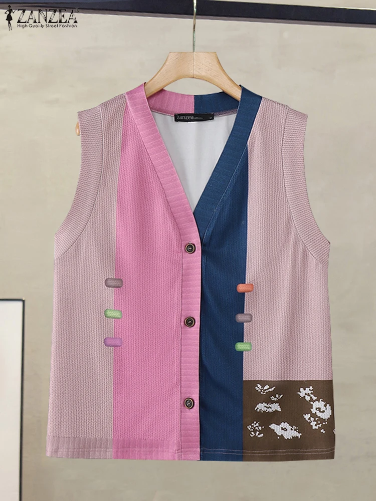 

ZANZEA модные жилеты без рукавов, женский жилет в стиле ретро, праздничный весенний жилет с v-образным вырезом и цветными блоками, 2025 винтажная женская одежда