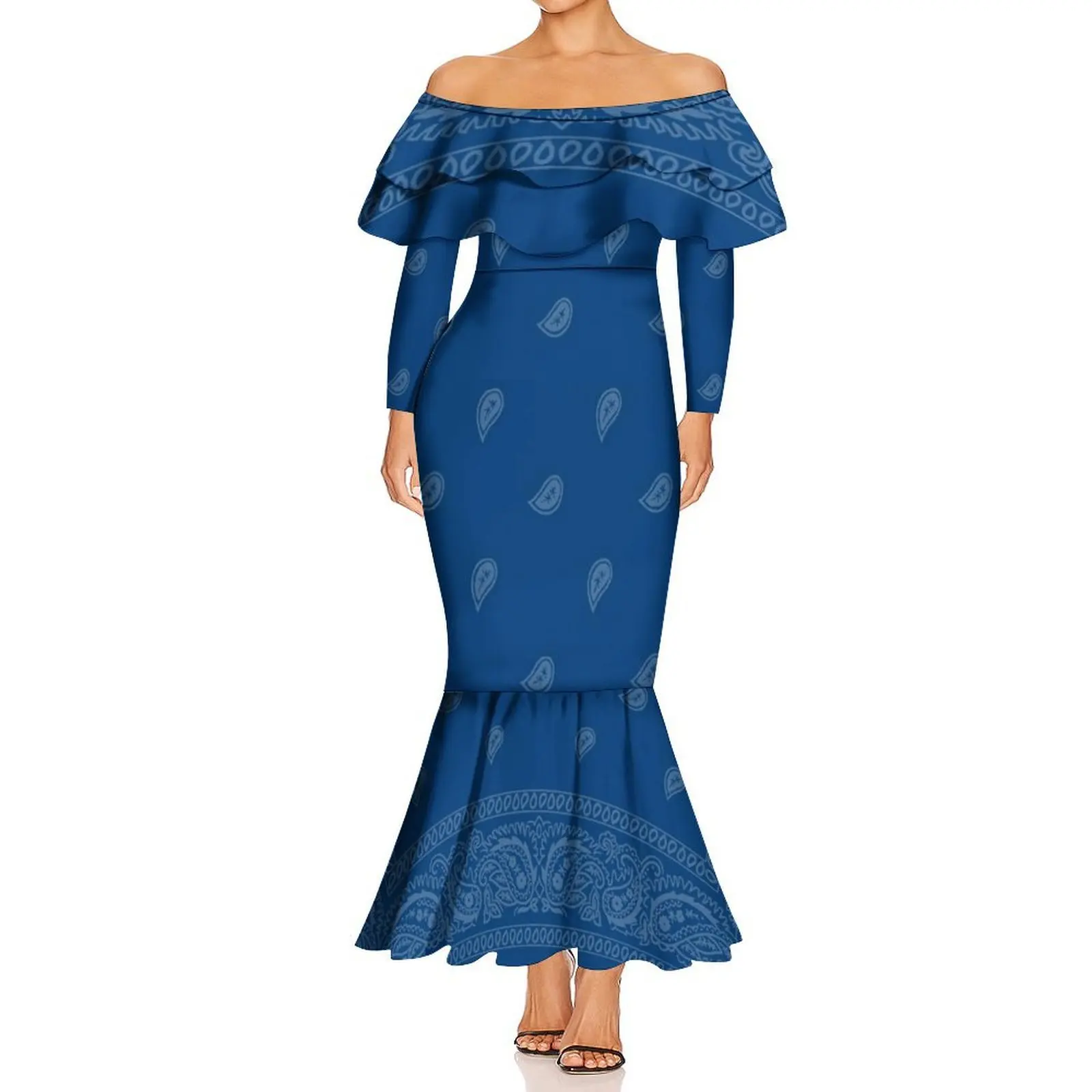 Vestido rabo de peixe com babados, manga comprida, gola única, camada dupla, para mulheres, verão, bandana, havaí, vestido de festa personalizado