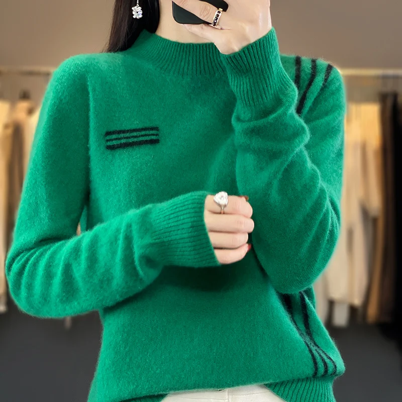 

2023 Autumn and Winter New Women's Half High Neck 100% Wool Sweater Casual Knit Pullover Colored Fashion Long Sleeve Top