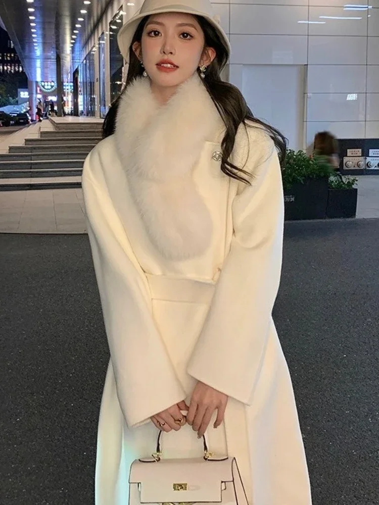 2025 New Autumn Winter Clothes Women Long Real Fox Fur Collar Woolen Jacket Female Fashion Warm Belt Solid Cashmere Wool Coat