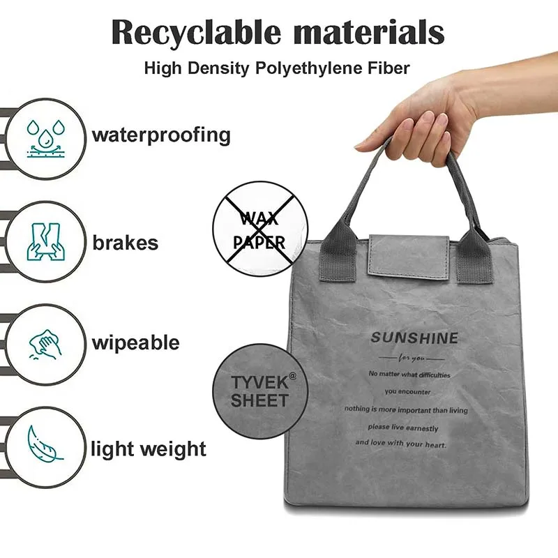 Dupont Kraft Paper Lunch Bag Insulated Reusable Pleated Tote Eco-Friendly Washable Waterproof Thermal Cooler for Work Picnic