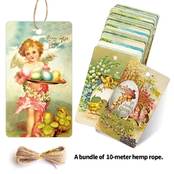 50pcs Easter Bunny & Eggs Gift Tags Set, Vintage Angel Paper Tag Cards with Hemp Rope, Party Favors and Decorations, Easter Gift