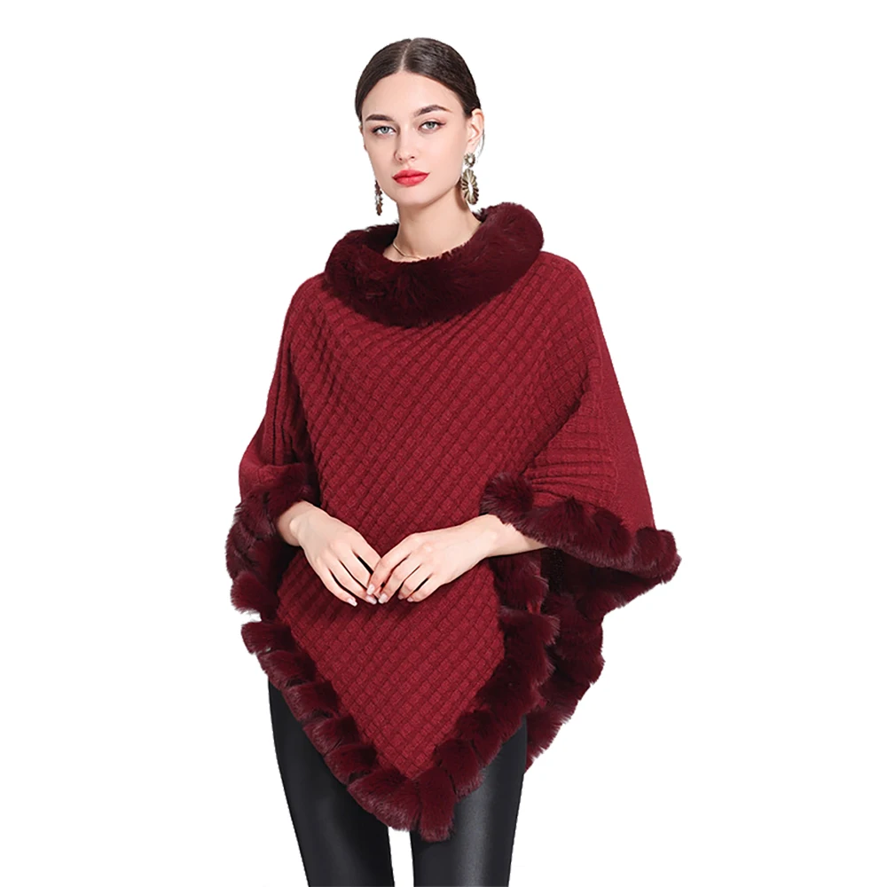 

Women's Cashmere Feel Poncho Lady Faux Fox Fur Collar Pullover Coat Spring Autumn Warm Cloak Classic Winter Luxury Knitted Shawl