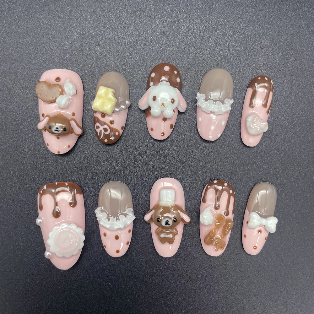 Kawaii Rabbit Bear Chocolate Cream Design Press On Nails Short Round Shape Cute Pink Sweet Cookie 3D Doll Cartoon Fake Nails view 3