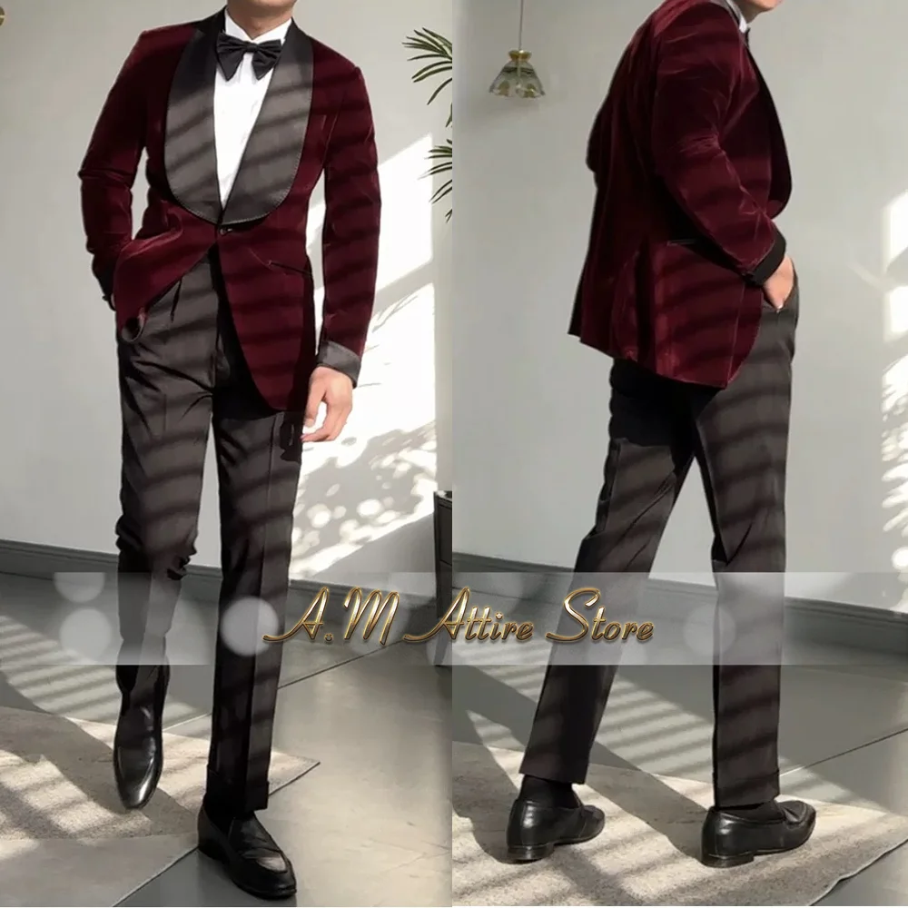Burgundy Velvet Wedding Suit for Men 2Pcs Black Shawl Laple Blazer Pants Set for Groomsmen Cocktail Prom Dinner Party Tuxedo