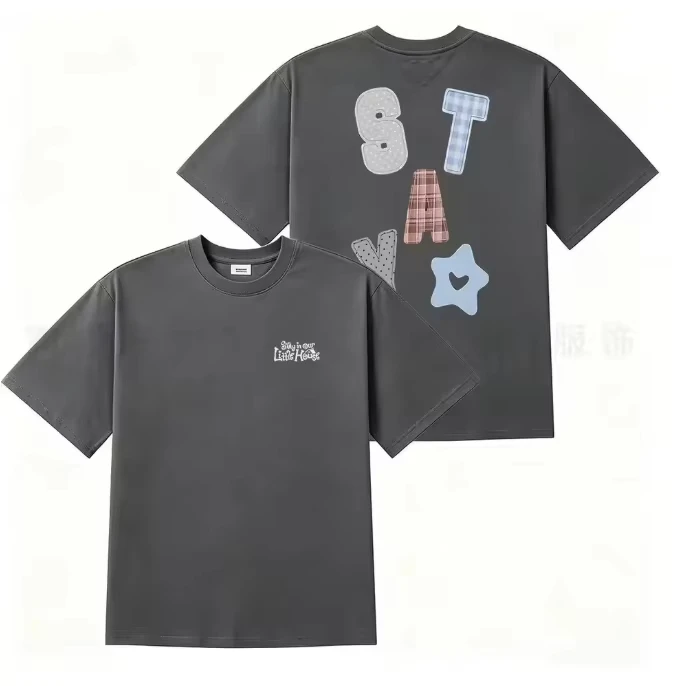 2026 New Men Women Cute Patchwork Letter Star Double Sided Graphic T-Shirt Unisex Cotton Loose Casual Tee