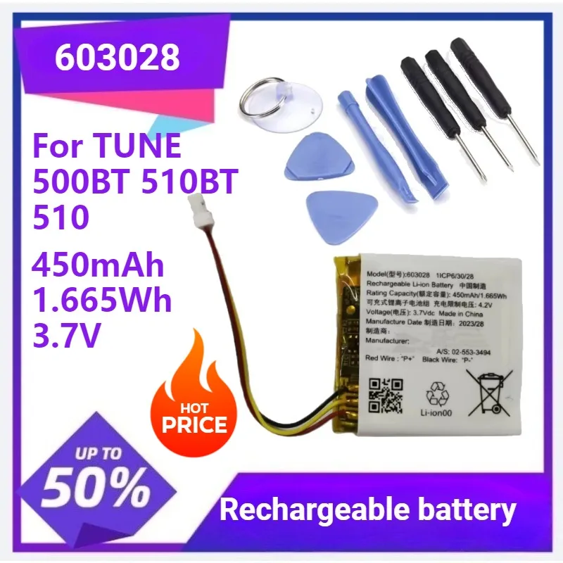 

603028 Replacement Battery New Battery For TUNE 500BT 510BT 510 JBL 510 450mAh 1.665Wh 3.7V +Free Tools