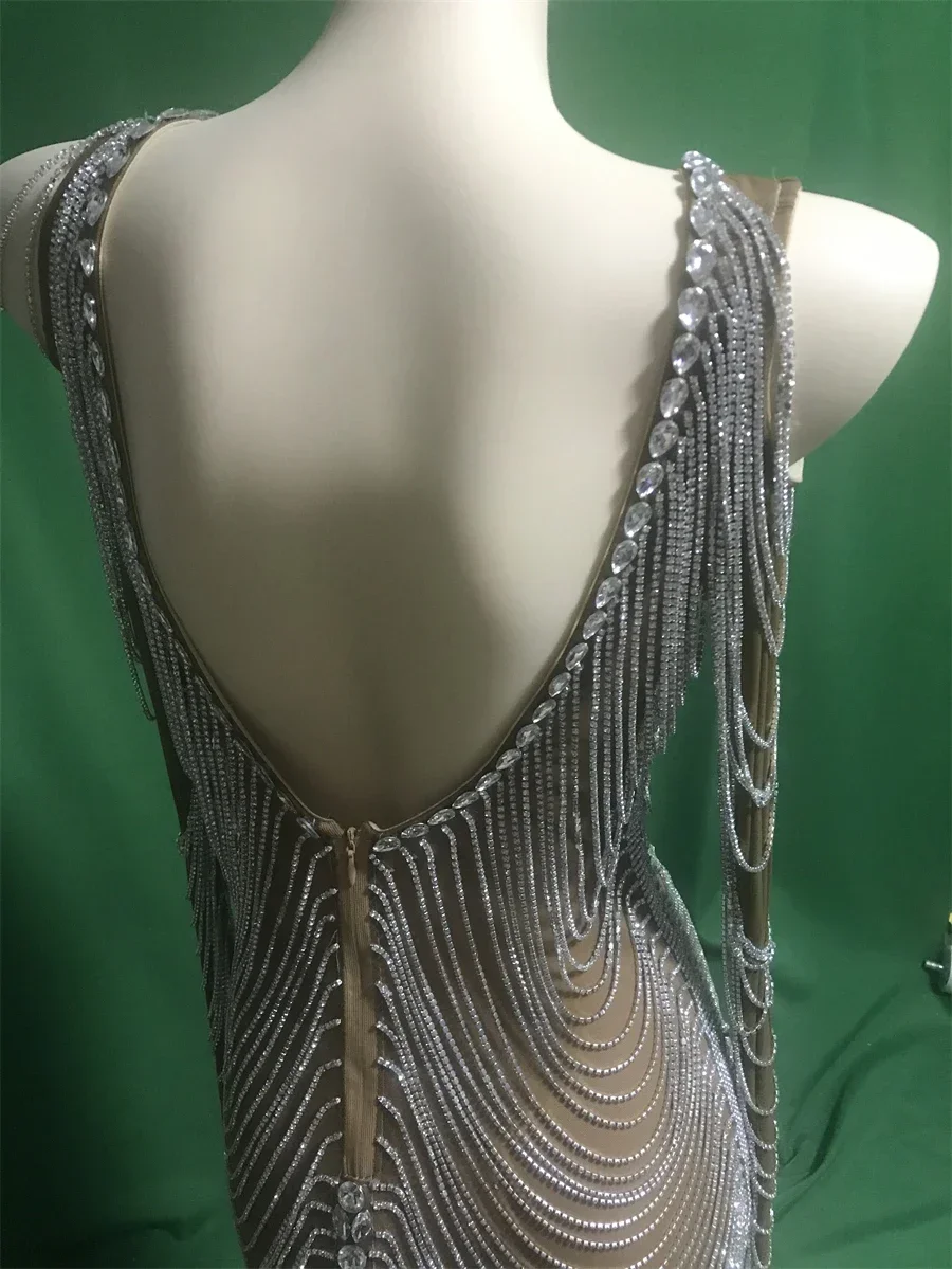 Sparkly Strass Diepe V-hals Vrouwen Verjaardag Lange Mouw Jurk Danskostuum Nachtclub Prestaties Slijtage Valentijnsdag Outfit