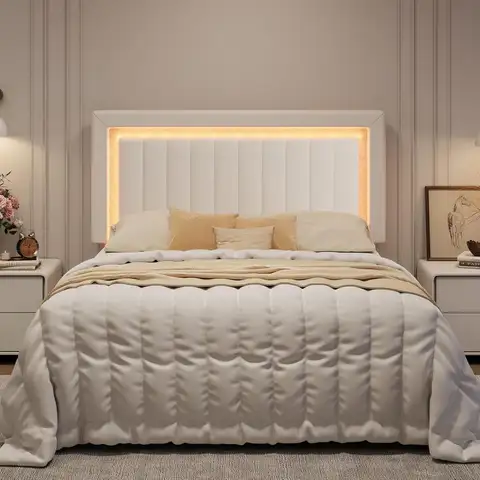 Queen Size Velvet Bed Frame with LED Lights, Adjustable Tufted Headboard, Wooden Slat Support, No Box Spring Needed, White