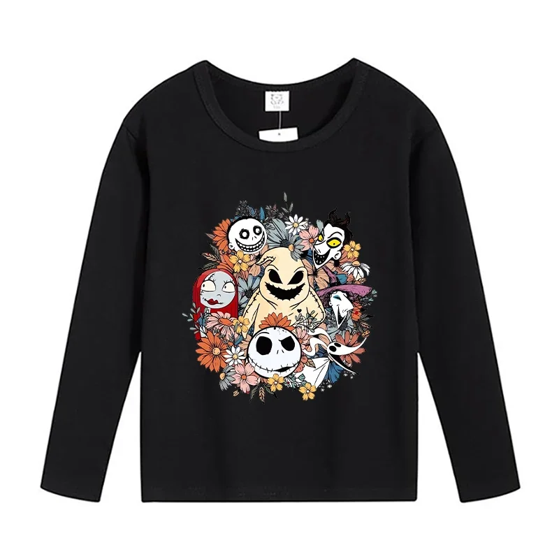 เสื้อยืดคอกลมแขนยาว Disney Nightmare Before Christmas สีดำเสื้อยืดบางๆลาย Sally JACK เสื้อเด็กวัยหัดเดินของขวัญ