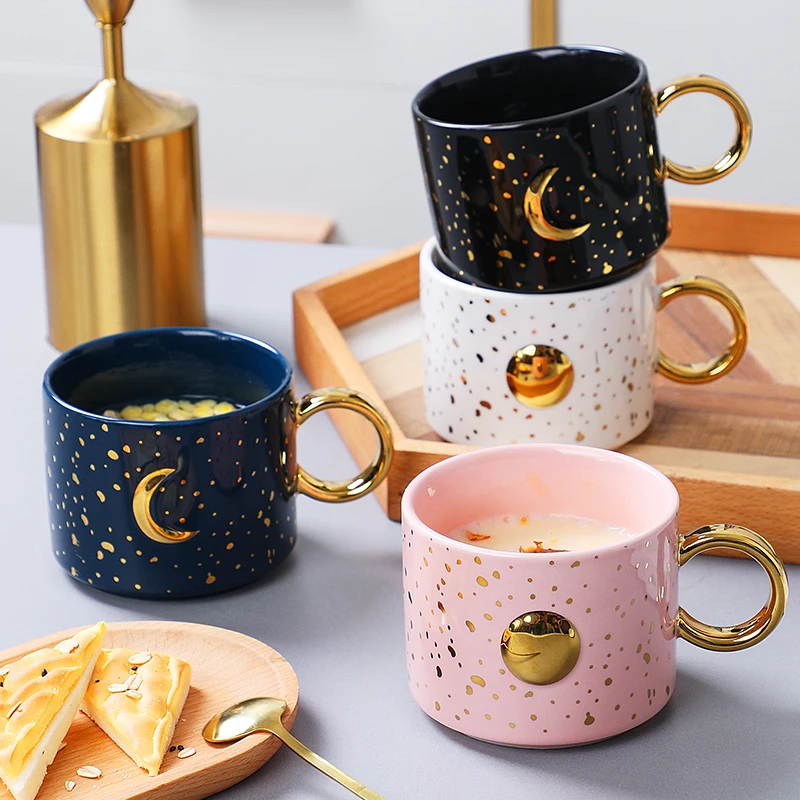 

Ceramic Mug with Spoon Milk Coffee Cup Student Breakfast Cup Sun Moon Couples Mugs Home Office Drinkware for Friends Gifts