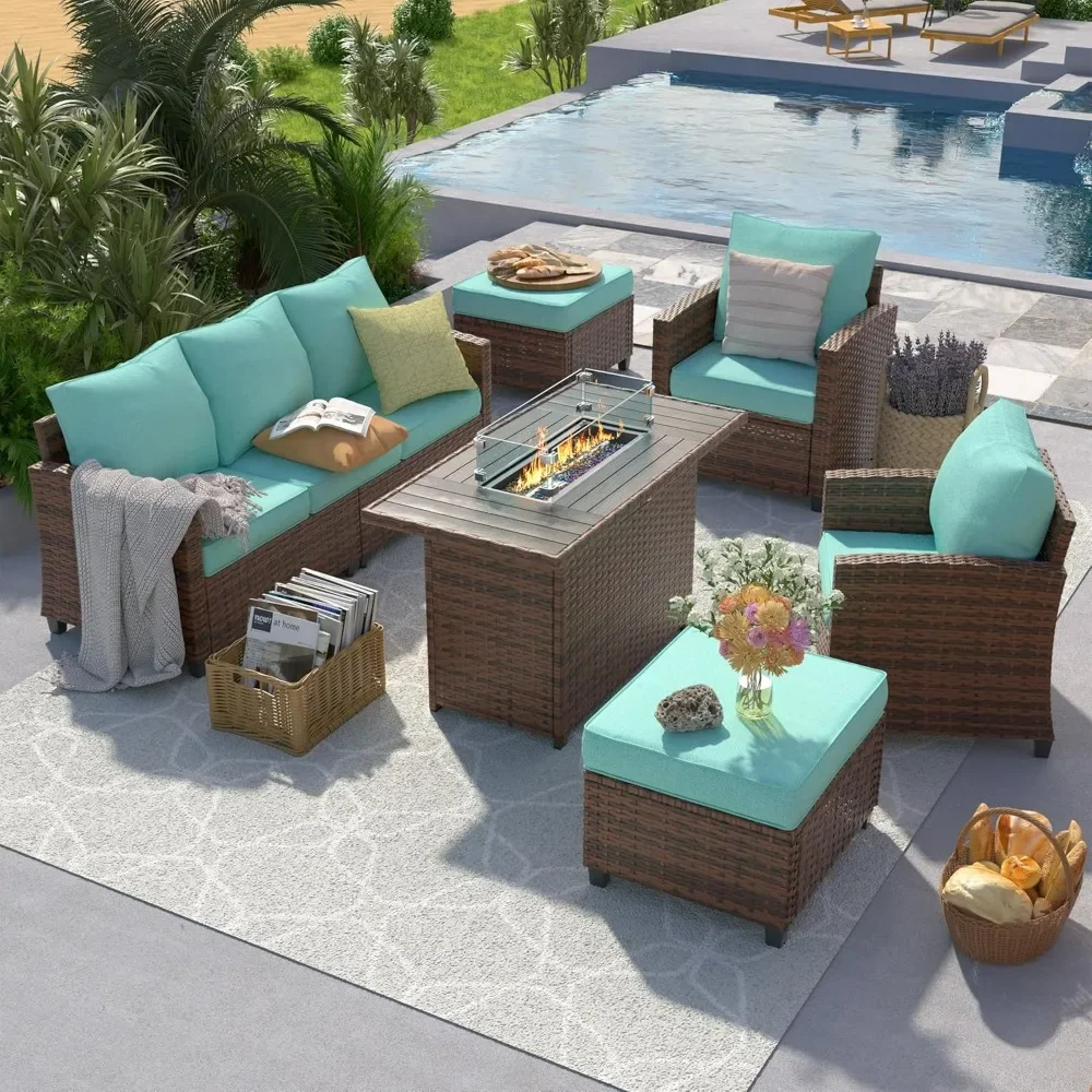 

Patio Furniture Set with 44" Fire Pit Table, 6 Pcs Outdoor Sectional Conversation Sets, All-Weather Wicker Rattan Sofa Ottoman