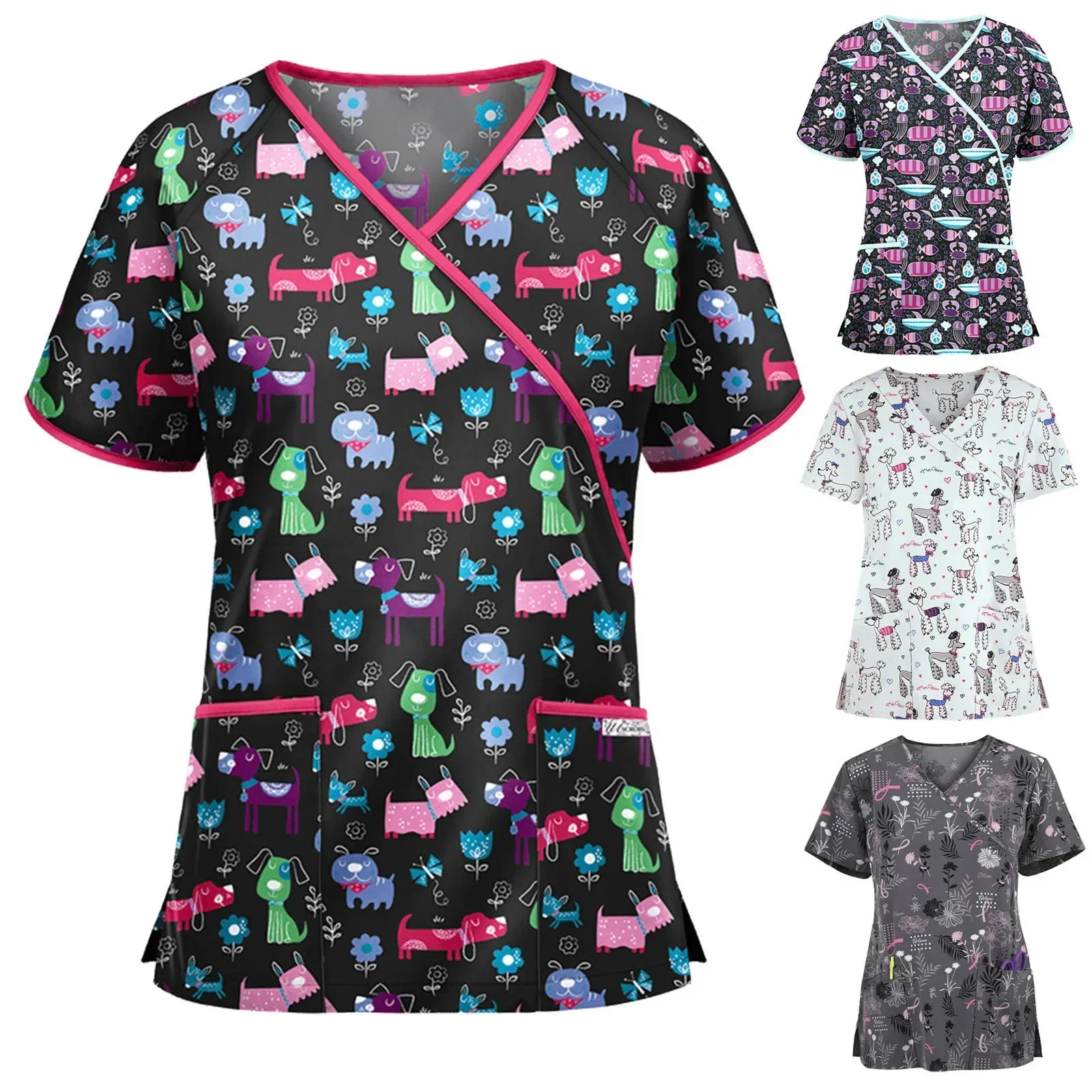 

2024 Short Sleeve Fashion Casual Slim Top Spring and Summer New Women's Printed Pullover Nurse Uniform