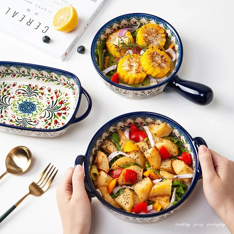Ceramic Soup Bowls Retro Bakeware Hand-Painted Kitchen Tableware Salad Dessert Steak Pasta Plate Household Fruit Tray Decoration